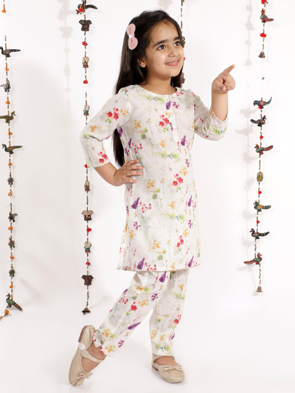 Vastramay Cotton Linen Girls Printed Floral Kurta And Straight Pant Set For Girls - Distacart