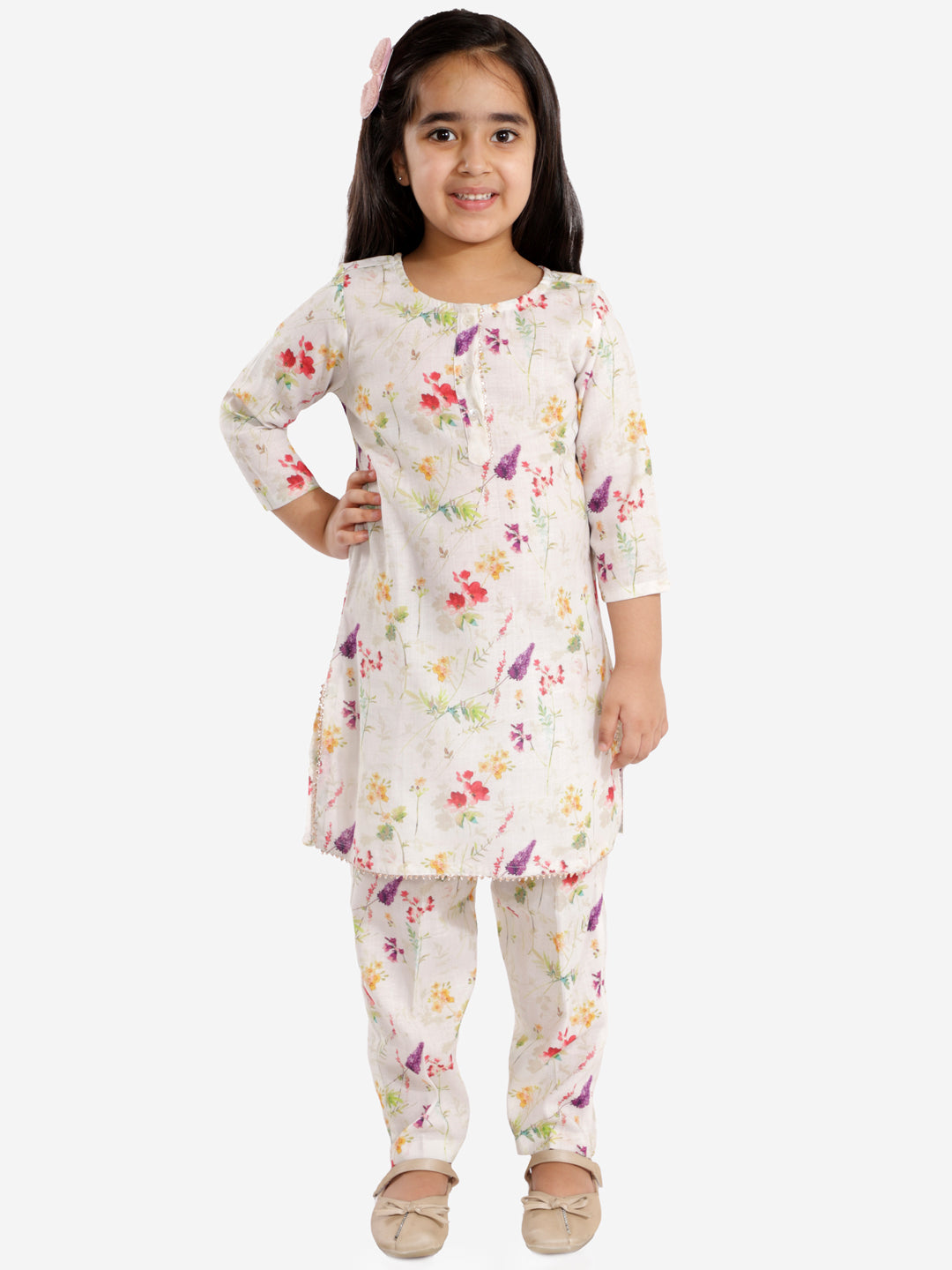 Vastramay Cotton Linen Girls Printed Floral Kurta And Straight Pant Set For Girls - Distacart