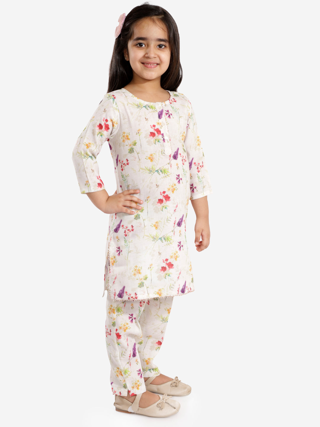 Vastramay Cotton Linen Girls Printed Floral Kurta And Straight Pant Set For Girls - Distacart