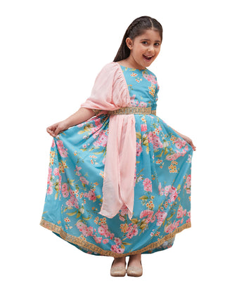 Vastramay Muslin Floral Lehenga Set Comes With A Floral Crop Top, A Round Neckline, Georgette Ruffle Dupatta And Embellished Belt For Girls - Distacart