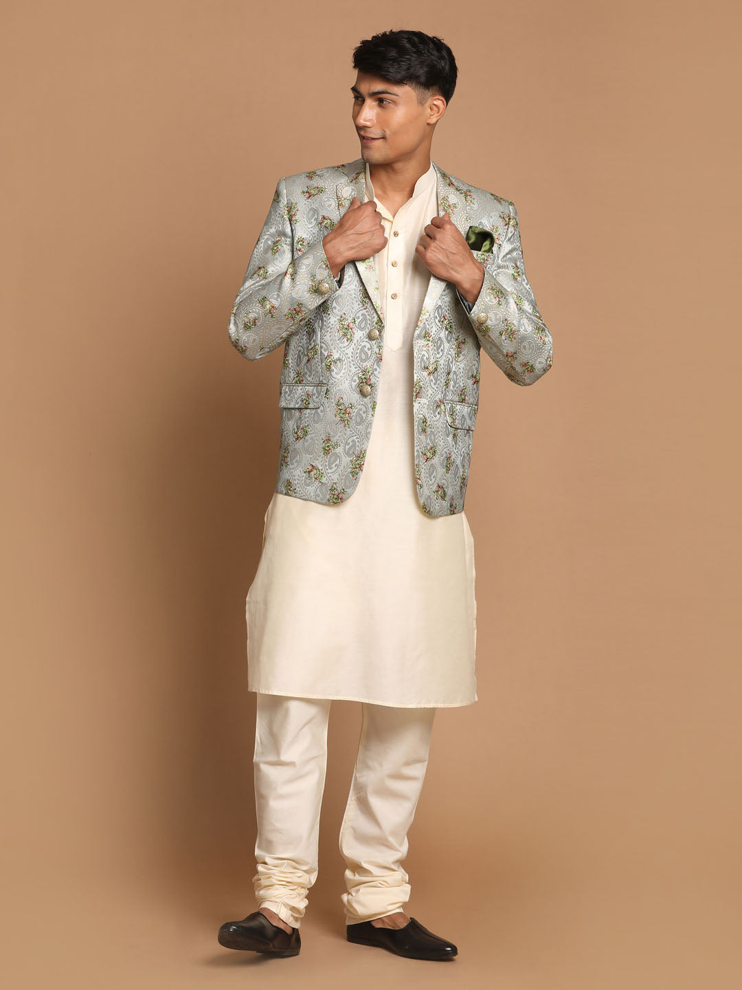 Vastramay Men's Cream And Green Viscose Ethnic Combo Set - Distacart