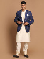Thumbnail for Vastramay Men's Navy Blue And Cream Viscose Ethnic Combo Set - Distacart