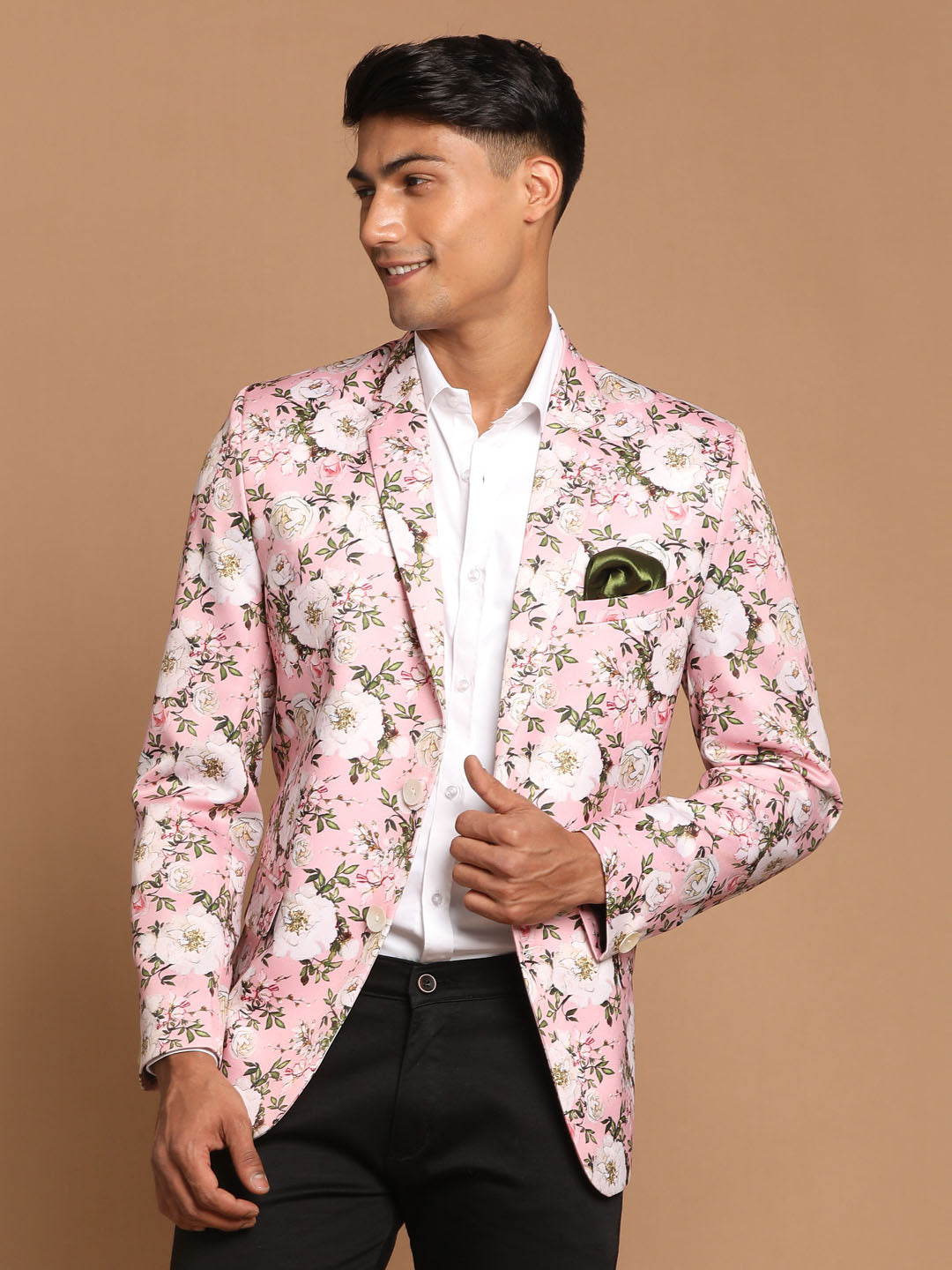 Vastramay Men's Pink Printed Satin Twill Blazer - Distacart