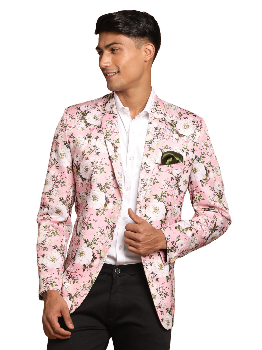 Vastramay Men's Pink Printed Satin Twill Blazer - Distacart