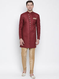 Thumbnail for Vastramay Men's Maroon Polyester Lurex Blend Sherwani Set - Distacart