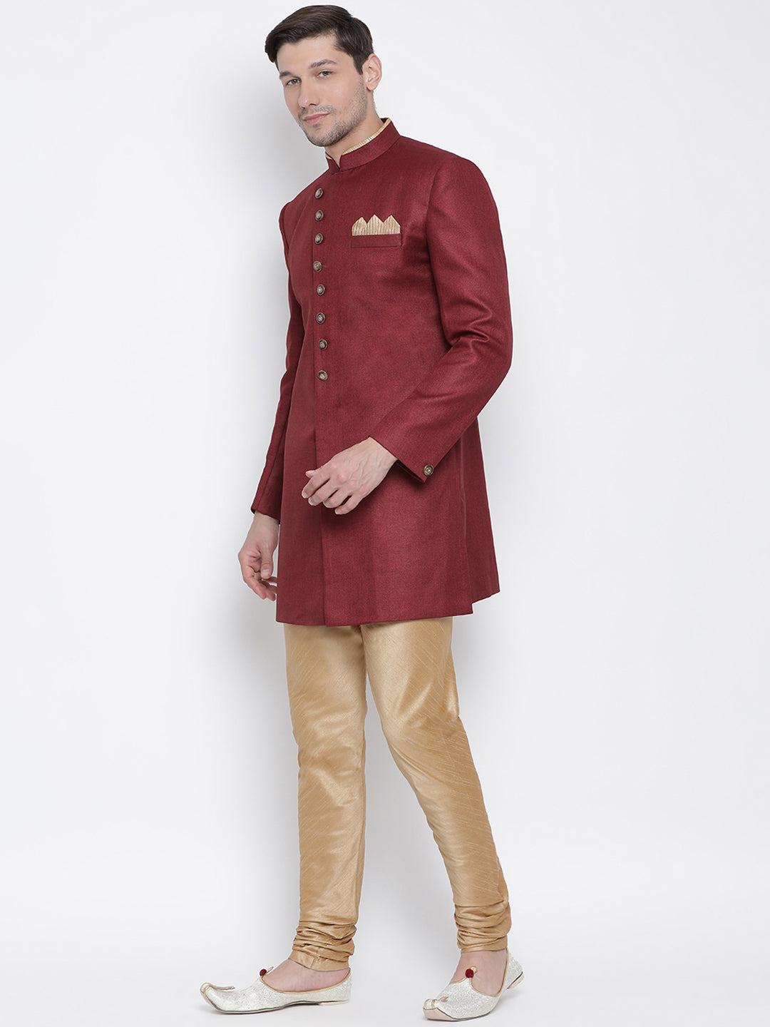 Vastramay Men's Maroon Polyester Lurex Blend Sherwani Set - Distacart