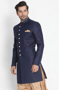 Thumbnail for VM by Vastramay Men's Dark Blue Polyester Lurex Blend Sherwani Only Top - Distacart