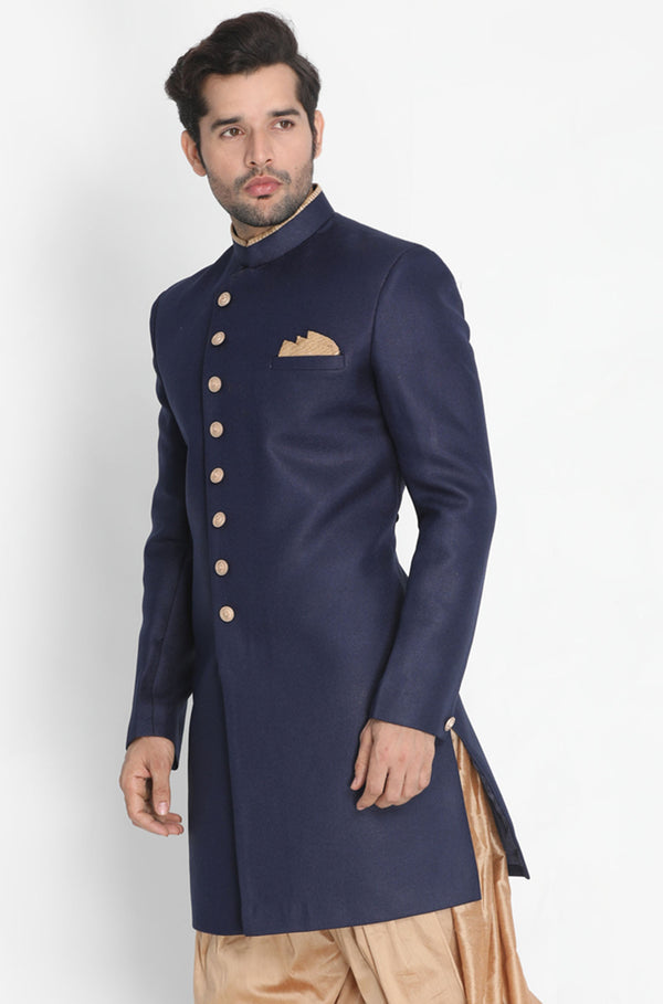 VM by Vastramay Men's Dark Blue Polyester Lurex Blend Sherwani Only Top - Distacart