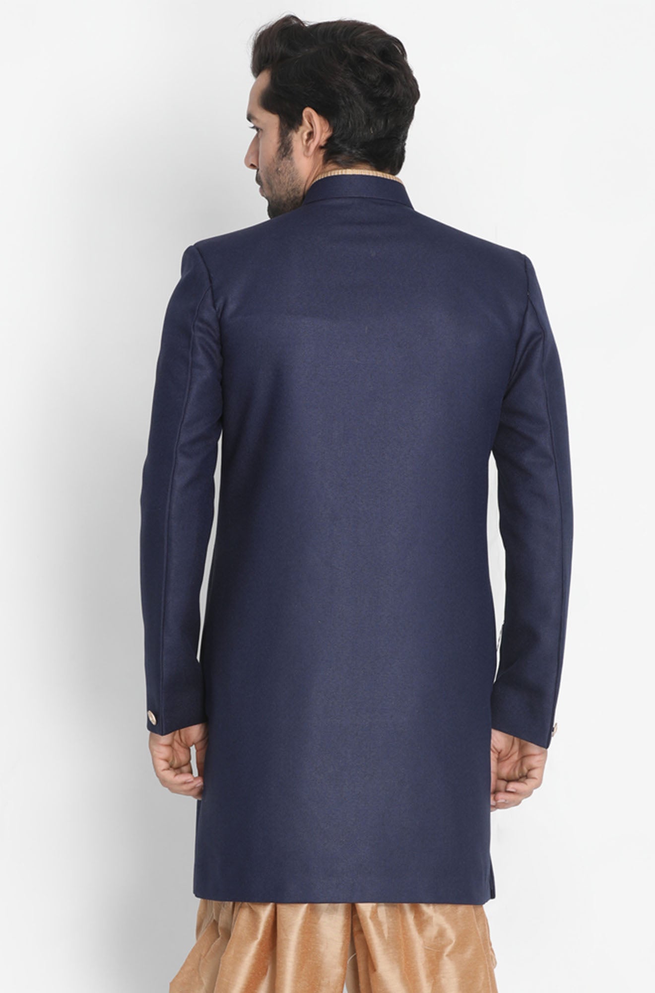 VM by Vastramay Men's Dark Blue Polyester Lurex Blend Sherwani Only Top - Distacart