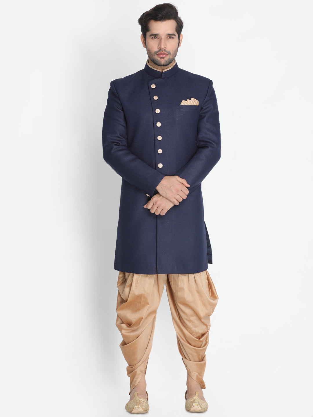 Vastramay Men's Dark Blue Polyester Lurex Blend Sherwani Set - Distacart