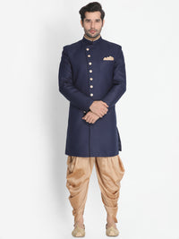 Thumbnail for Vastramay Men's Dark Blue Polyester Lurex Blend Sherwani Set - Distacart