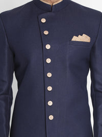 Thumbnail for Vastramay Men's Dark Blue Polyester Lurex Blend Sherwani Set - Distacart