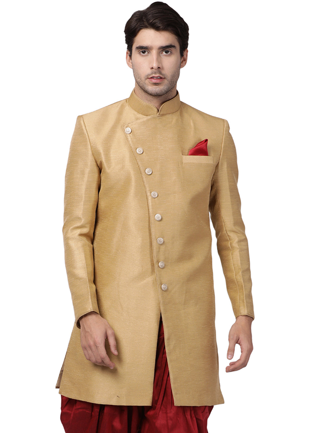 VM by Vastramay Men's Beige Silk Blend Sherwani Only Top - Distacart