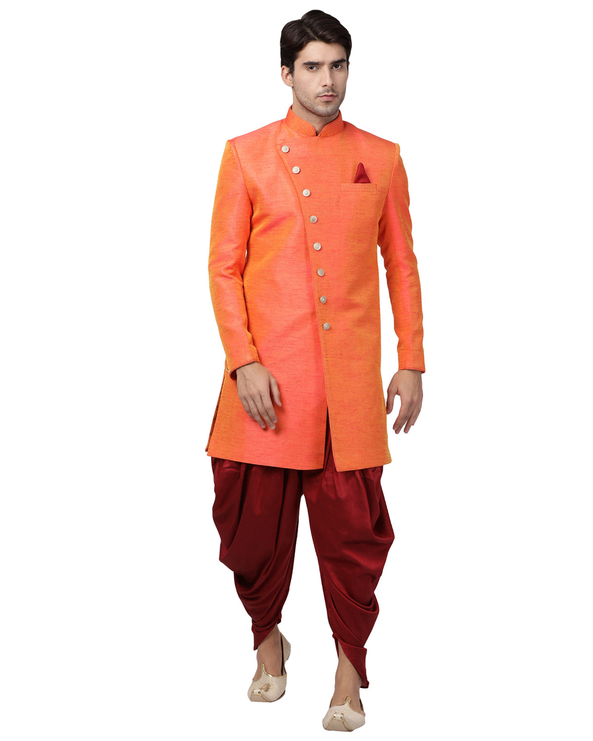 VM by Vastramay Men's Orange Silk Blend Sherwani Set - Distacart