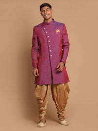 Thumbnail for VM by Vastramay Men's Purple And Rose Gold Silk Blend Sherwani Set - Distacart