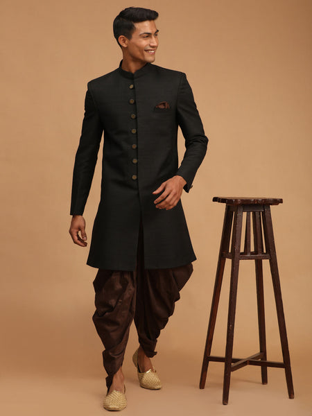 Vastramay Men's Black And Brown Silk Blend Sherwani Set - Distacart