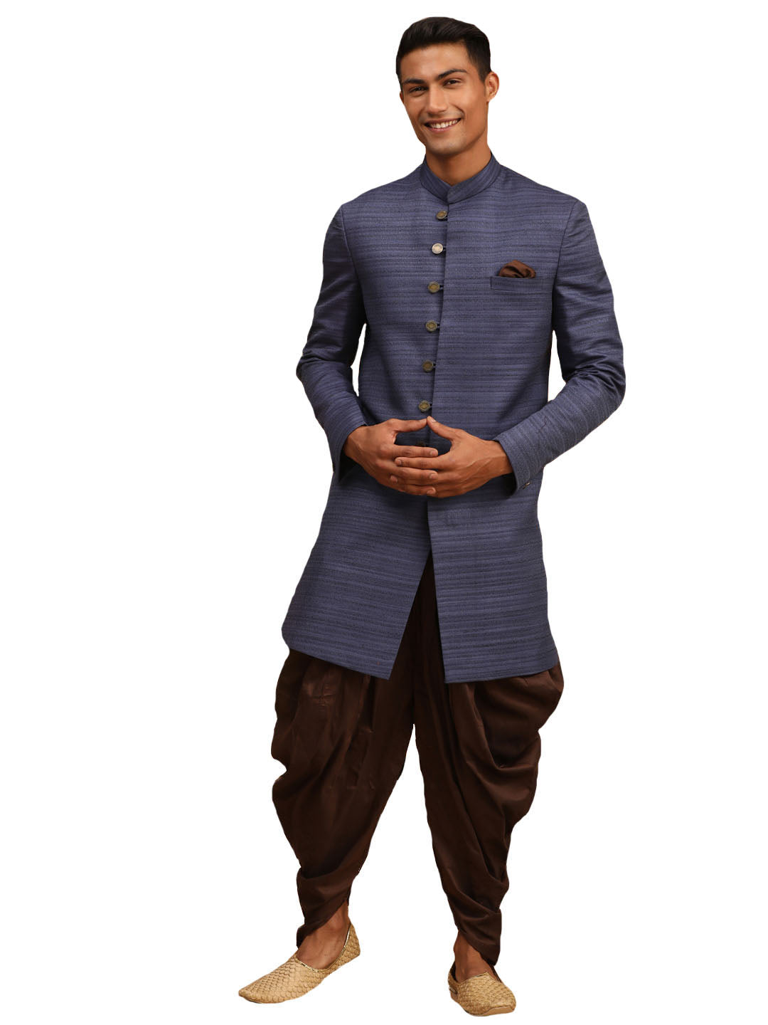 Vastramay Men's Navy Blue And Brown Silk Blend Sherwani Set - Distacart