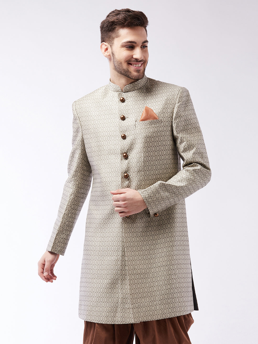 Vastramay Men's Beige Silk Blend Sherwani Only Top - Distacart