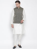 Thumbnail for Vastramay Men's White Silk Blend Jacket, Kurta and Pyjama Set - Distacart
