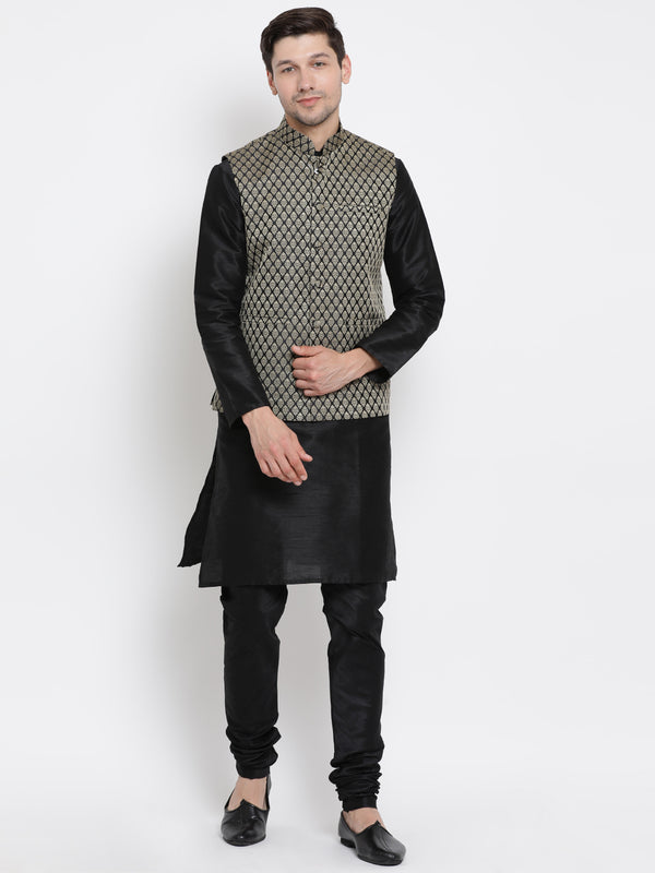 Vastramay Men's Black Silk Blend Jacket, Kurta and Pyjama Set - Distacart
