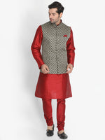Thumbnail for Vastramay Men's Maroon Silk Blend Jacket, Kurta and Pyjama Set - Distacart