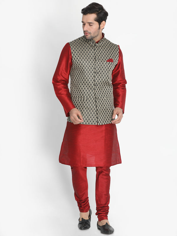 Vastramay Men's Maroon Silk Blend Jacket, Kurta and Pyjama Set - Distacart
