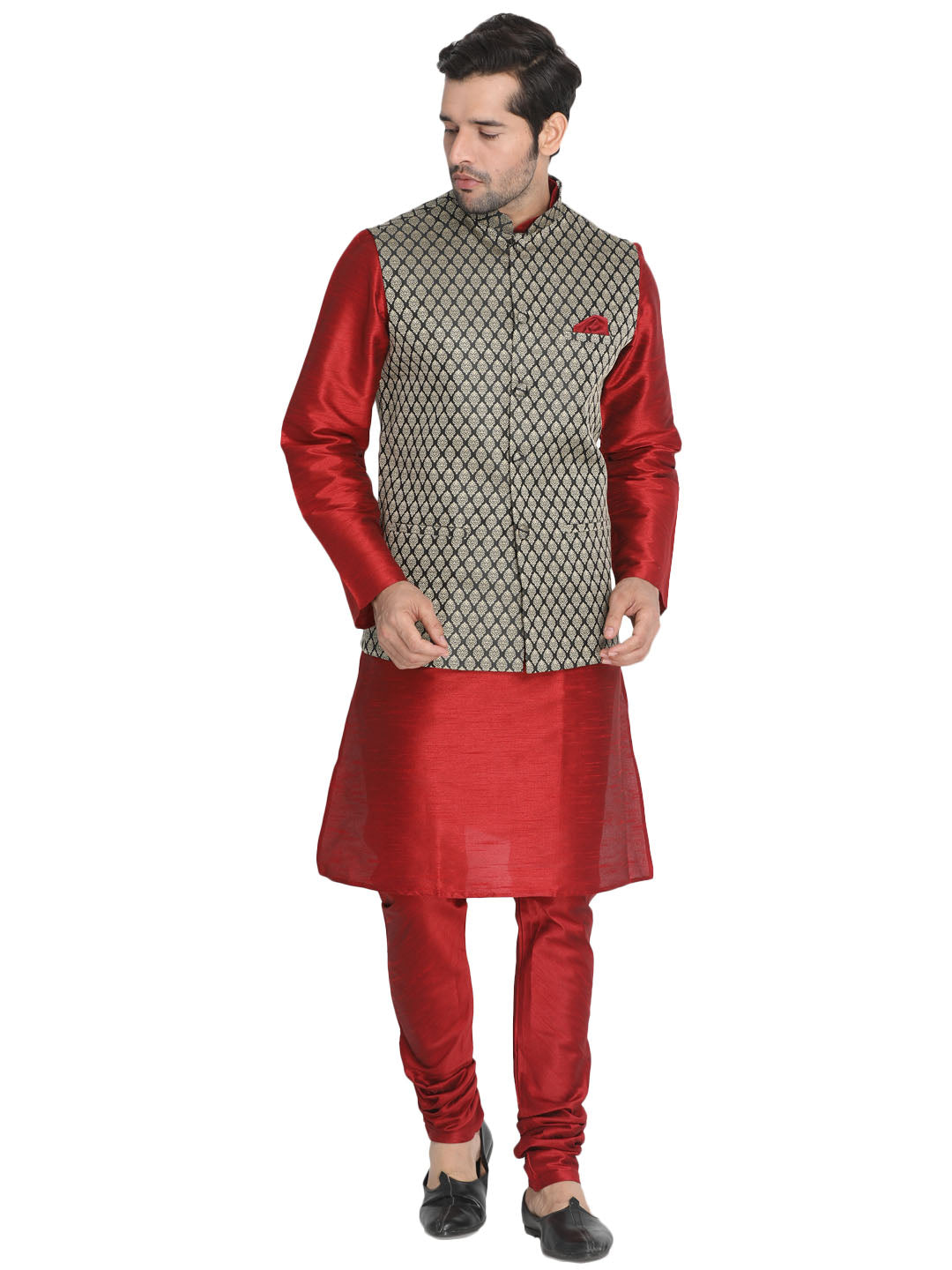 VM by Vastramay Men's Maroon Silk Blend Jacket, Kurta And Pyjama Set - Distacart
