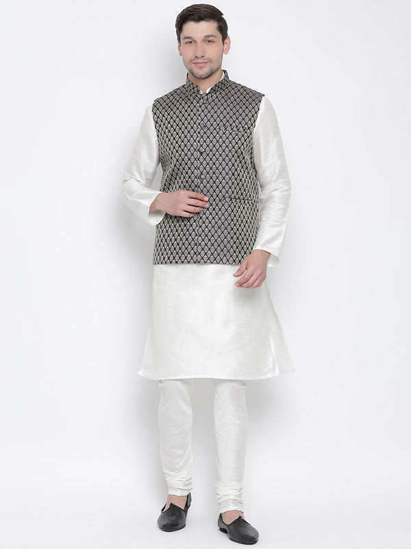 VM by Vastramay Men's White Silk Blend Jacket, Kurta And Pyjama Set - Distacart