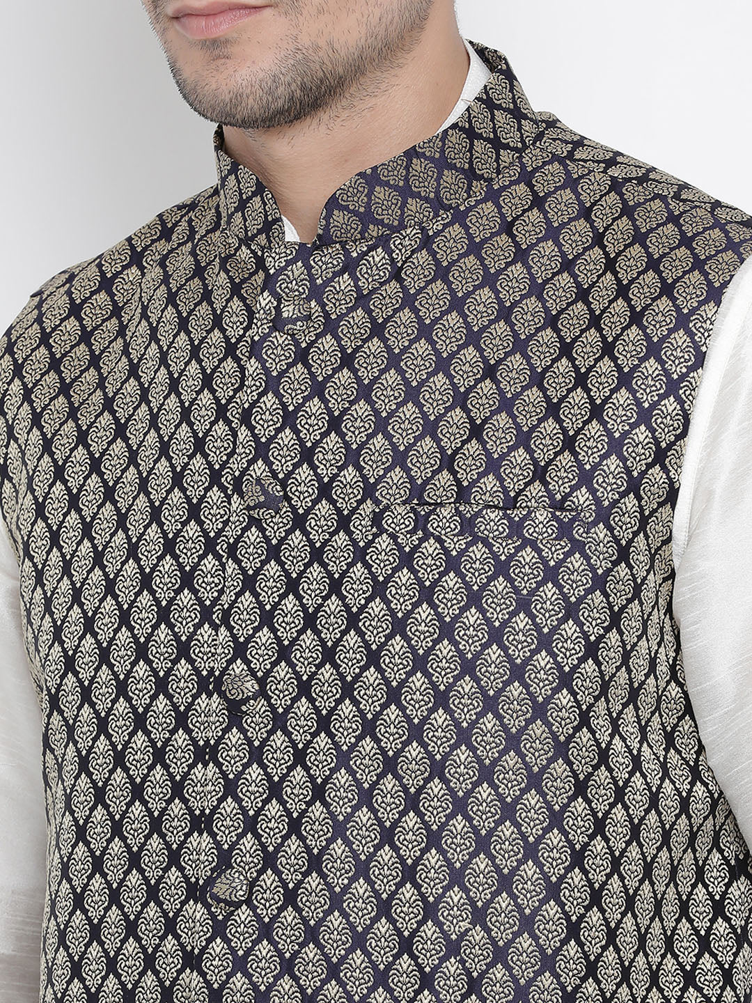 Vastramay Men's White Silk Blend Jacket, Kurta and Pyjama Set - Distacart