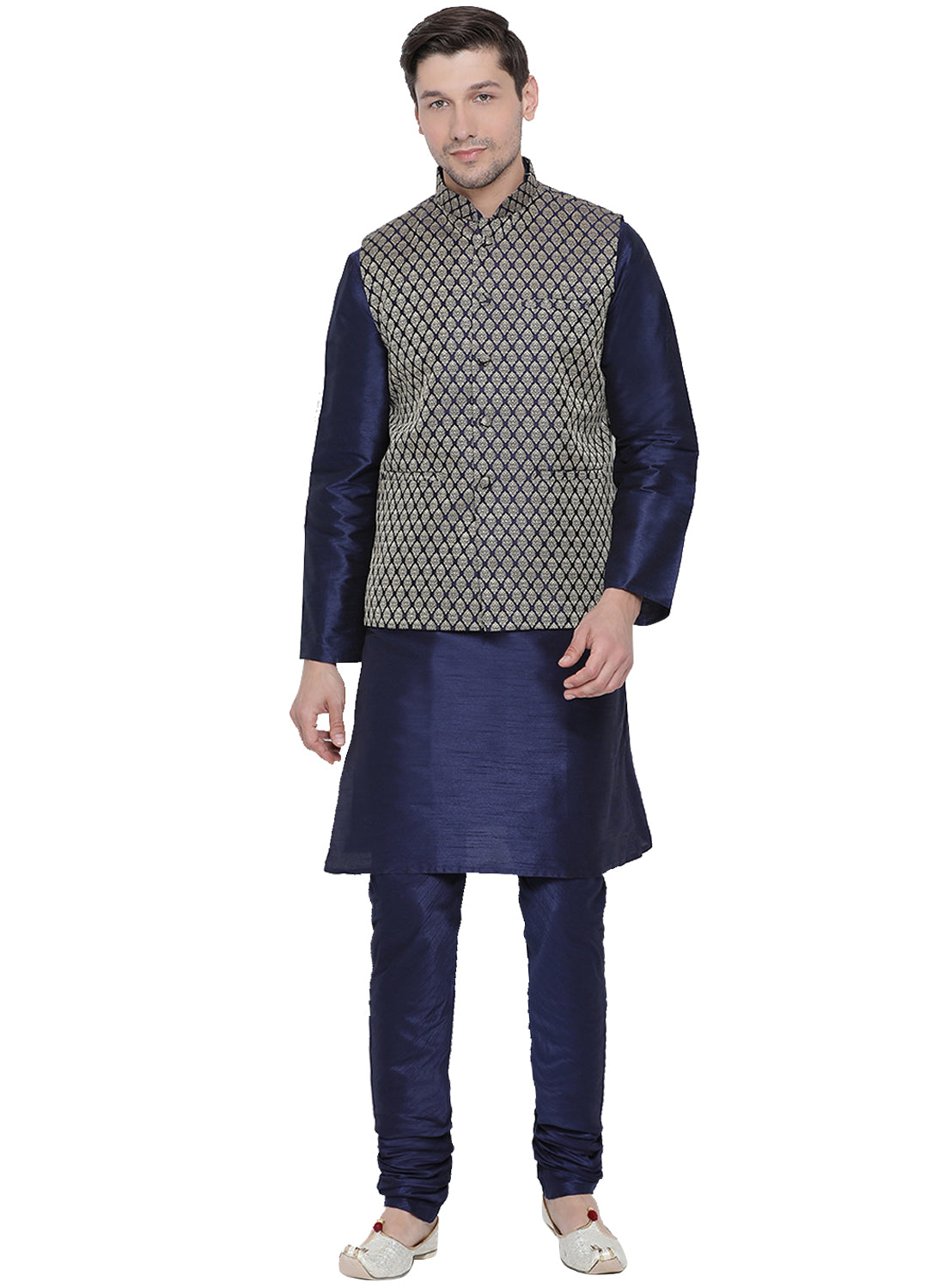 VM by Vastramay Men's Deep Blue Silk Blend Jacket, Kurta And Pyjama Set - Distacart