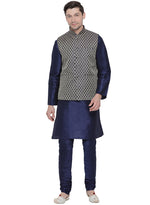 Thumbnail for VM by Vastramay Men's Deep Blue Silk Blend Jacket, Kurta And Pyjama Set - Distacart