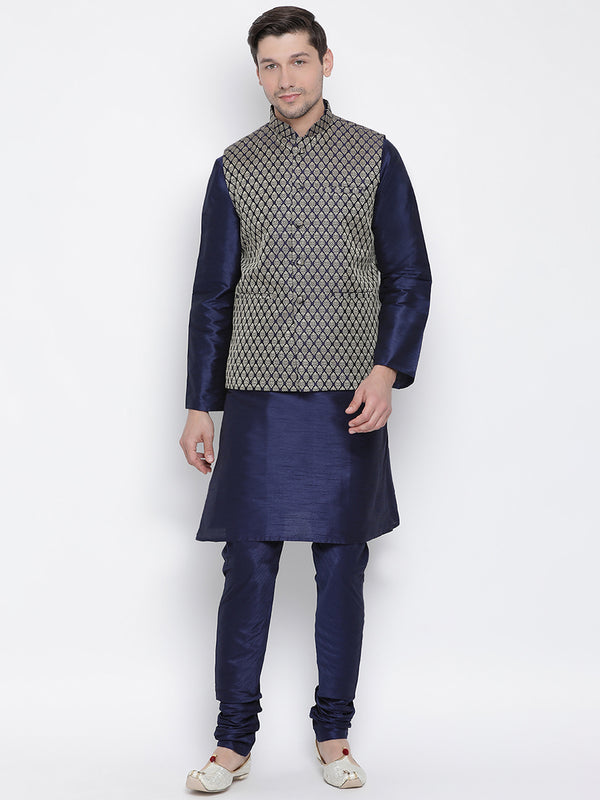 Vastramay Men's Deep Blue Silk Blend Jacket, Kurta and Pyjama Set - Distacart