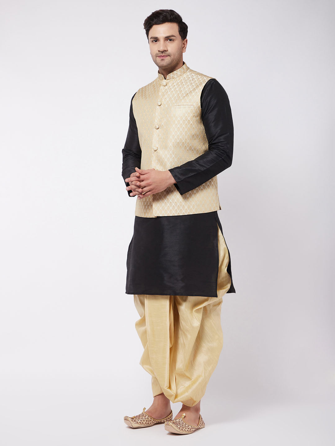 VM by Vastramay Men's Black,Cream And Gold Silk Blend Jacket, Kurta And Dhoti Set - Distacart