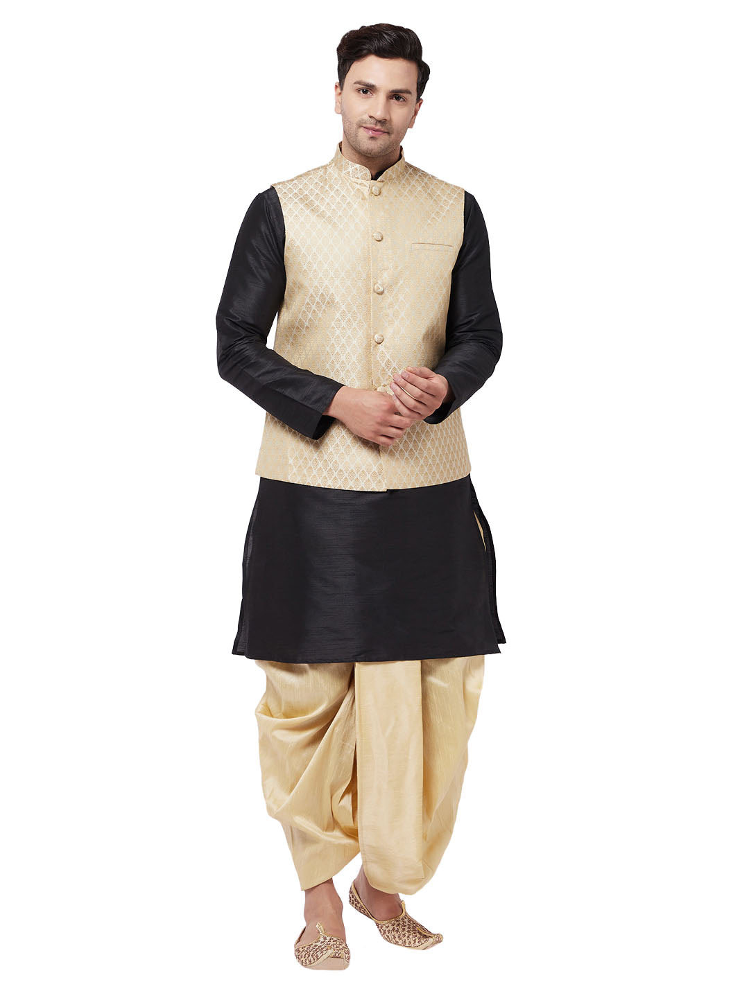 VM by Vastramay Men's Black,Cream And Gold Silk Blend Jacket, Kurta And Dhoti Set - Distacart