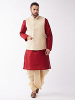 Thumbnail for VM by Vastramay Men's Maroon,Cream And Gold Silk Blend Jacket, Kurta And Dhoti Set - Distacart