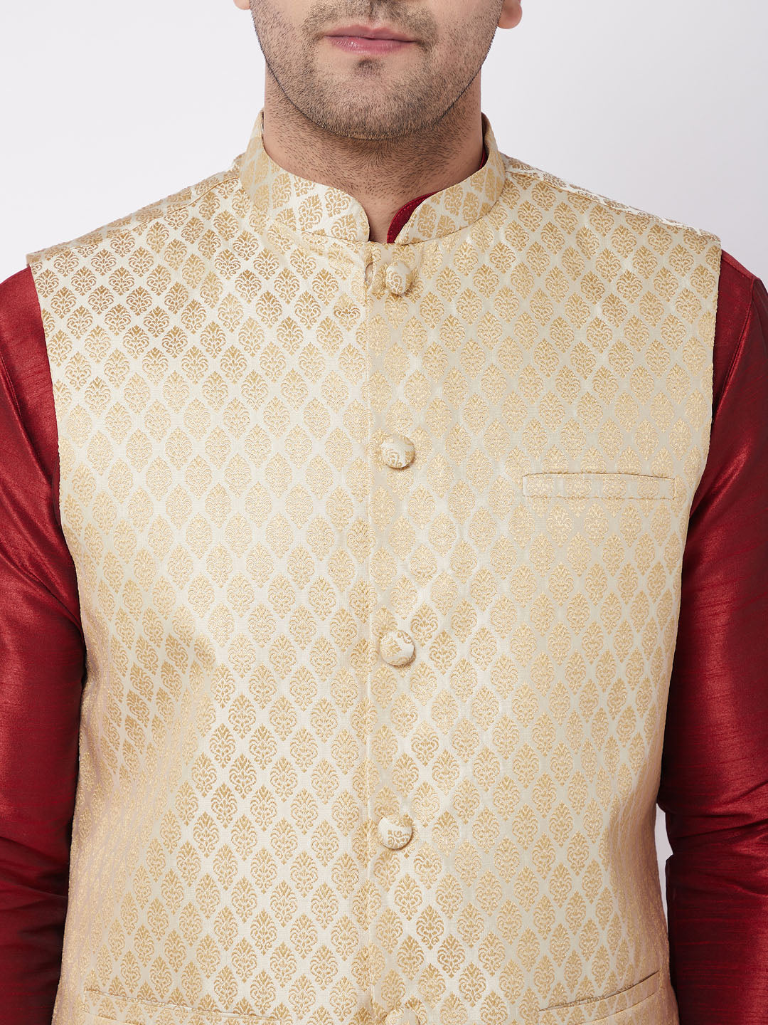 VM by Vastramay Men's Cream And Maroon Silk Blend Jacket, Kurta And Dhoti Set - Distacart