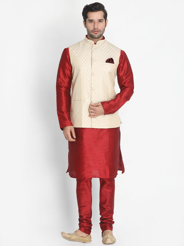 Vastramay Men's Maroon Silk Blend Jacket, Kurta and Pyjama Set - Distacart