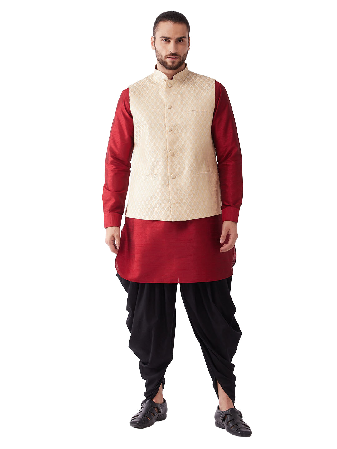 Vastramay Men's Maroon, Cream And Black Silk Blend Jacket, Kurta and Dhoti Set - Distacart