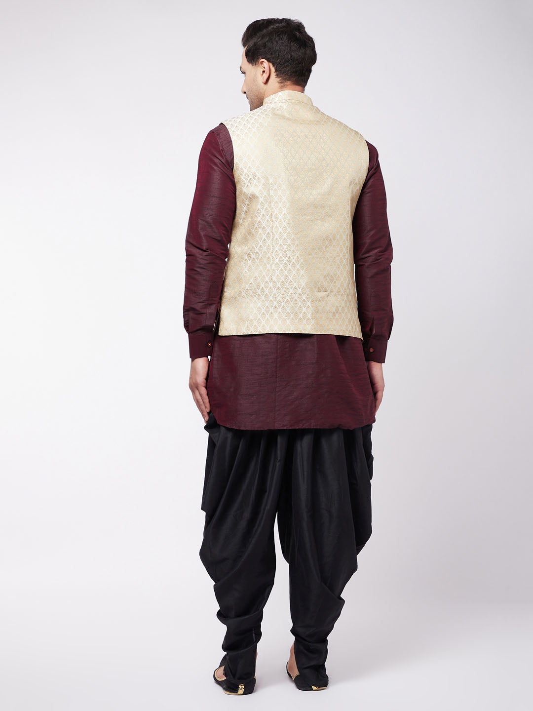 VM by Vastramay Men's Wine, Cream And Black Silk Blend Jacket, Kurta And Dhoti Set - Distacart