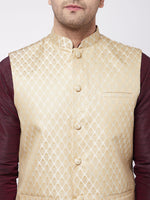 Thumbnail for VM by Vastramay Men's Wine, Cream And Black Silk Blend Jacket, Kurta And Dhoti Set - Distacart