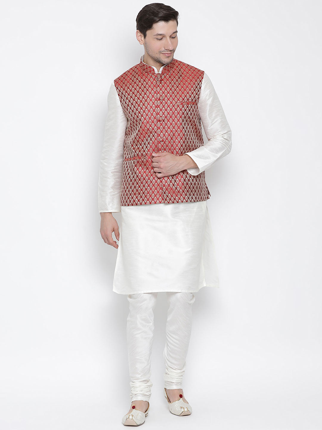 Vastramay Men's White Silk Blend Jacket, Kurta and Pyjama Set - Distacart