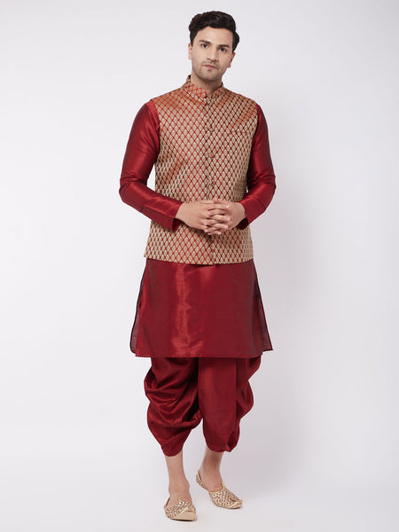 VM by Vastramay Men's Maroon Silk Blend Jacket, Kurta And Dhoti Set - Distacart