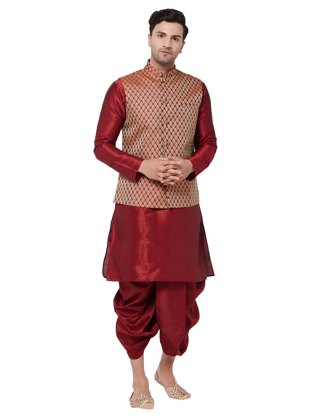 VM by Vastramay Men's Maroon Silk Blend Jacket, Kurta And Dhoti Set - Distacart