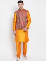 Thumbnail for VM by Vastramay Men's Orange Silk Blend Jacket, Kurta And Pyjama Set - Distacart