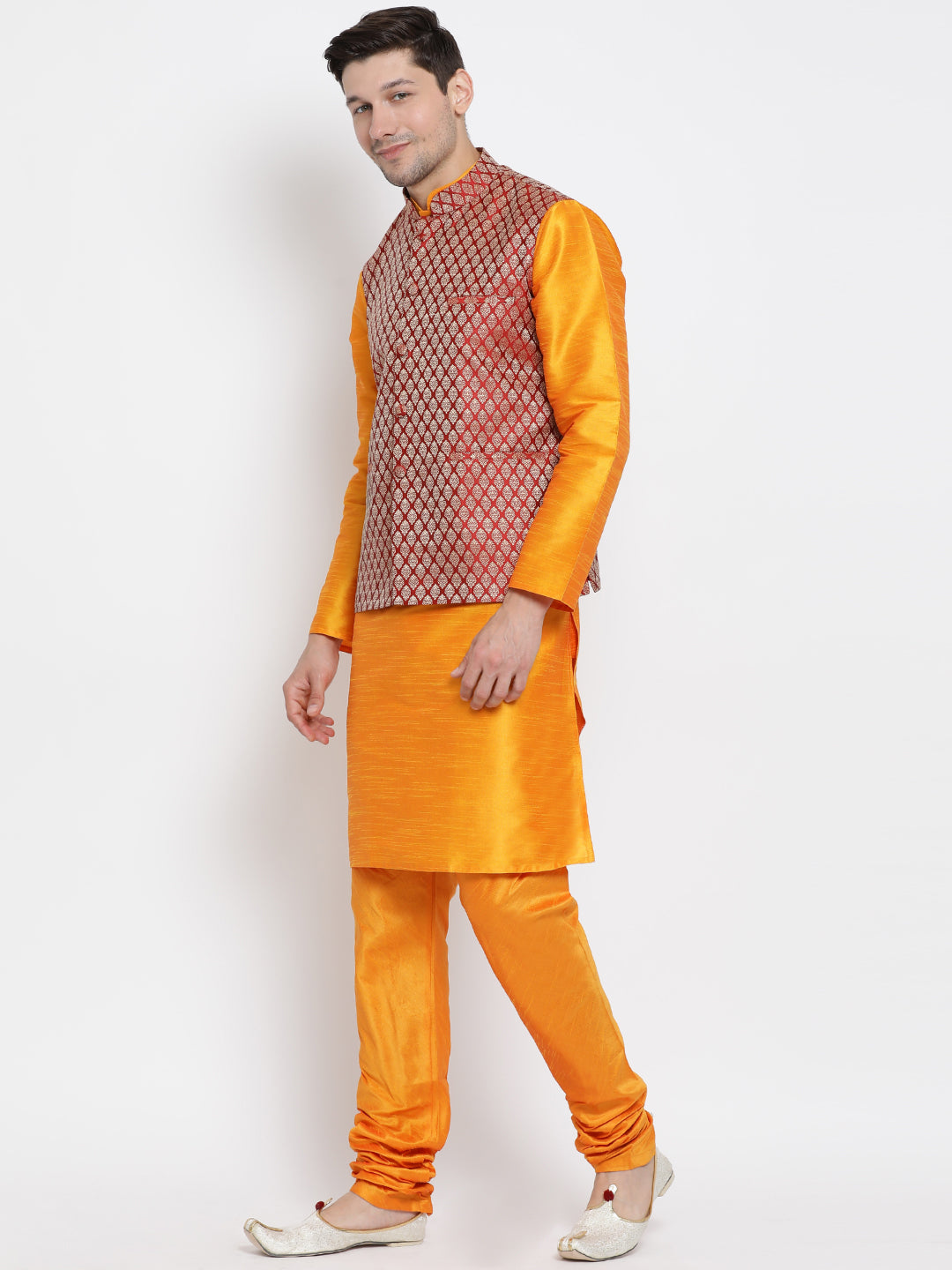 Vastramay Men's Orange Silk Blend Jacket, Kurta and Pyjama Set - Distacart