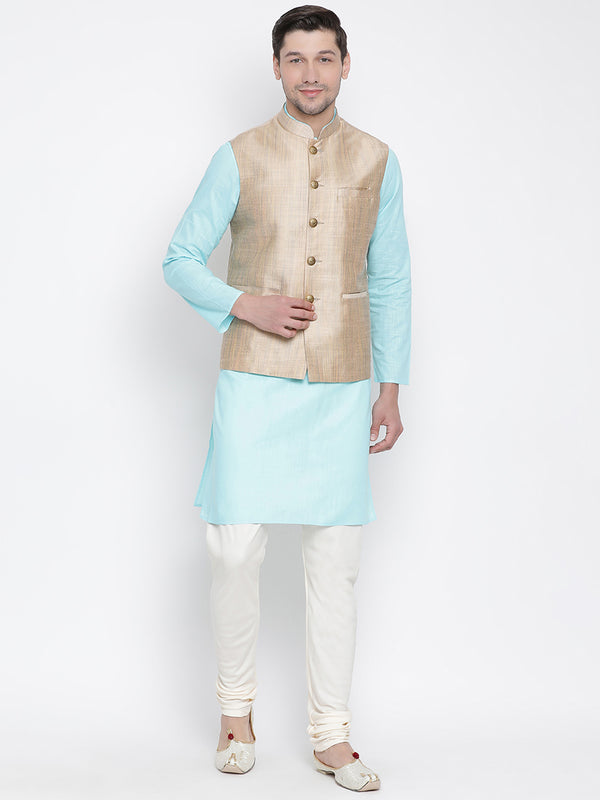 Vastramay Men's Light Blue Cotton Linen Blend Jacket, Kurta and Pyjama Set - Distacart