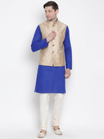 Thumbnail for Vastramay Men's Blue Cotton Linen Blend Jacket, Kurta and Pyjama Set - Distacart