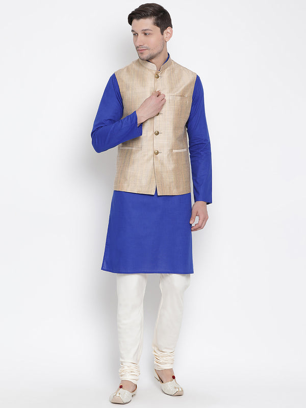 Vastramay Men's Blue Cotton Linen Blend Jacket, Kurta and Pyjama Set - Distacart