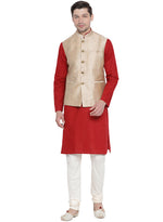 Thumbnail for Vastramay Men's Maroon Cotton Linen Blend Jacket, Kurta and Pyjama Set - Distacart