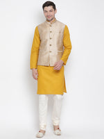 Thumbnail for Vastramay Men's Yellow Cotton Linen Blend Jacket, Kurta and Pyjama Set - Distacart